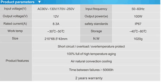 높은 품질의 방수 IP67 12v 100w 전원 공급 LED 네온 트랜스포머 판매